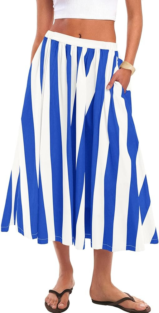 Panadila Womens Striped Midi Skirt Summer Beach Long Flowy Skirts Elastic High Waisted A Line Ski... | Amazon (US)