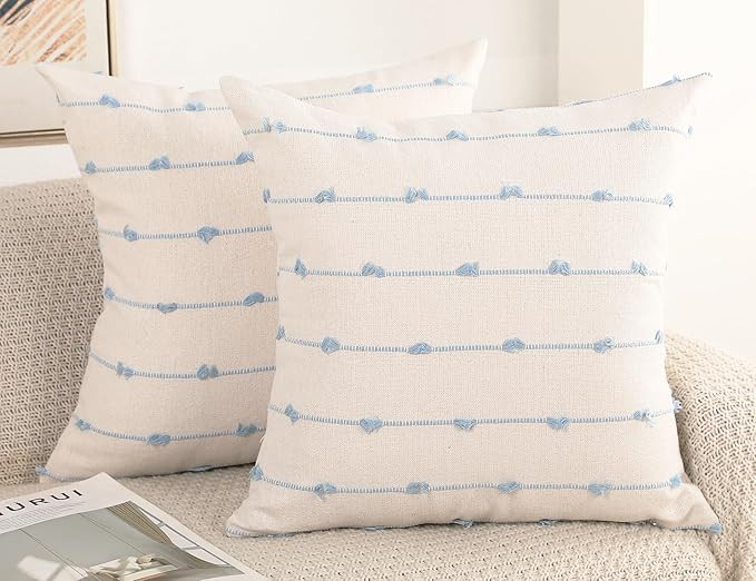 Set of 2 Boho Throw Pillow Covers 20x20,Light Blue and White Neutral Couch Pillow Case with Tasse... | Amazon (US)