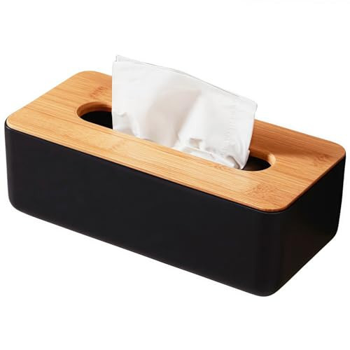 Tissue Box with Bamboo Cover,Plastic Tissue Organizer,Bathroom Tissue Dispenser for Home,Bedroom,Office,Living Room,8.1×4.6×2.9 in (Black) | Amazon (CA)