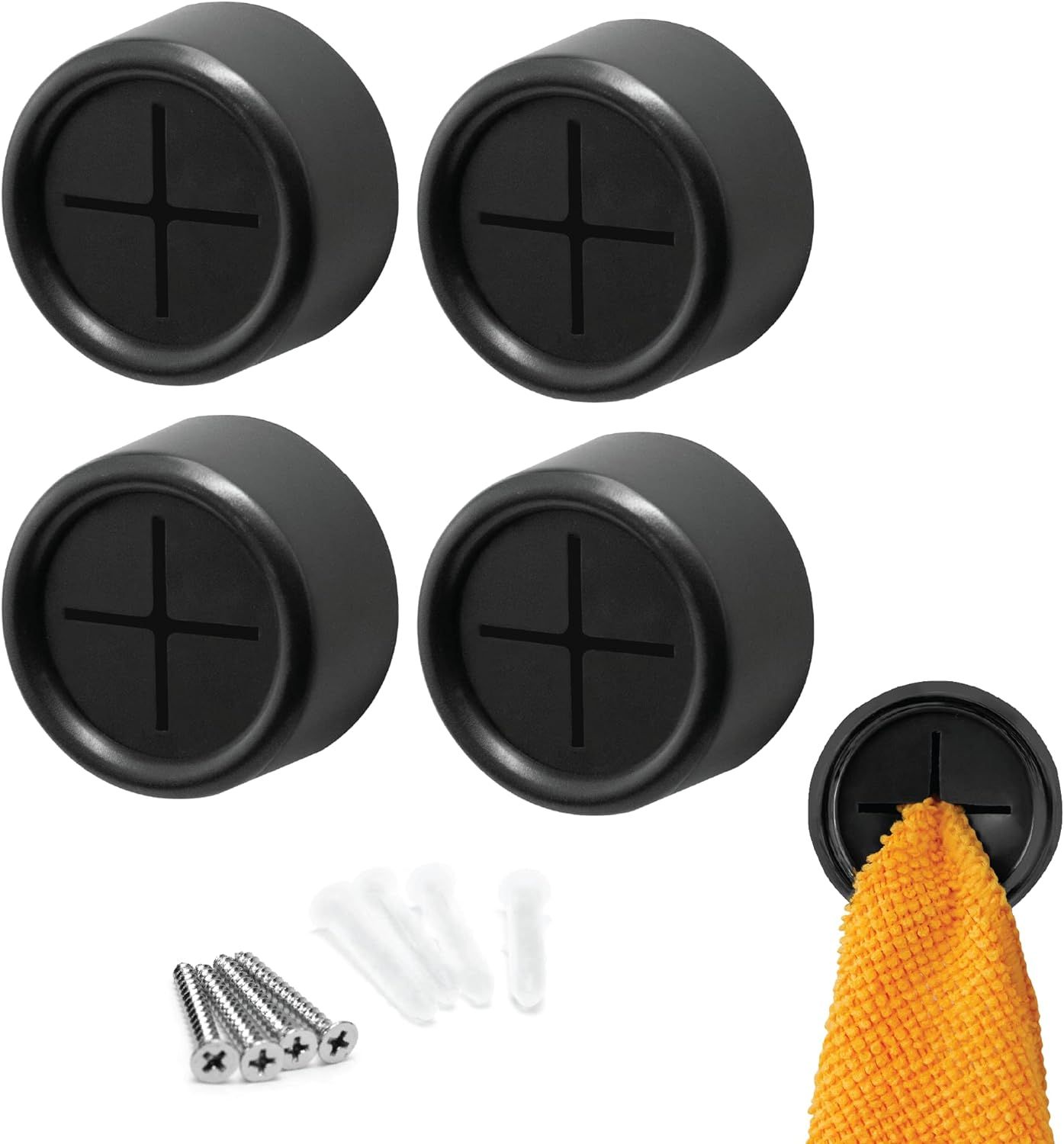 S&T INC. Round Adhesive Push Towel Hooks for Kitchen, Hand and Dish Towels, Matte Black, 4 Pack | Amazon (US)