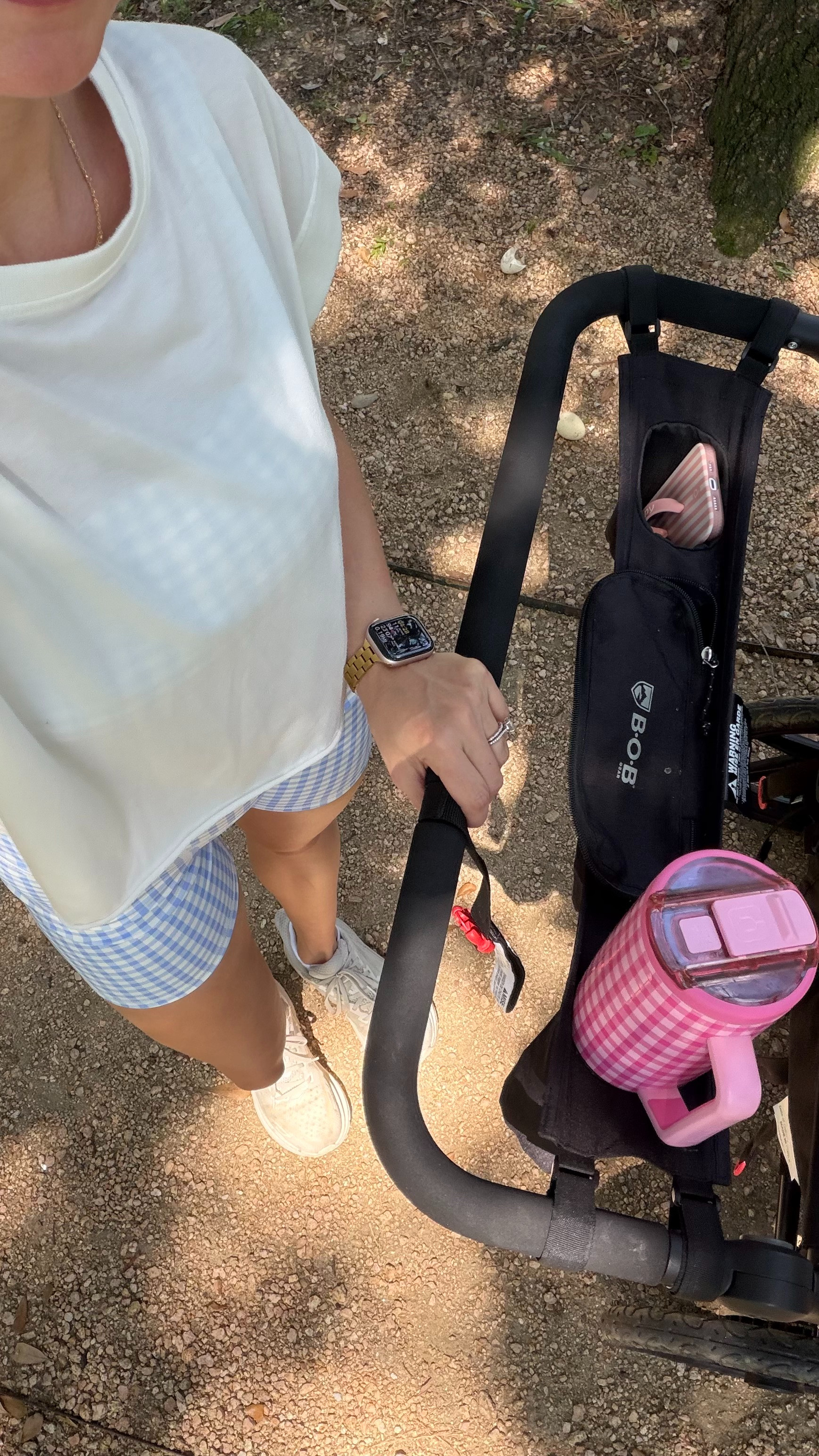 mom walk outfit | S in open back tee + S in gingham workout set 

 