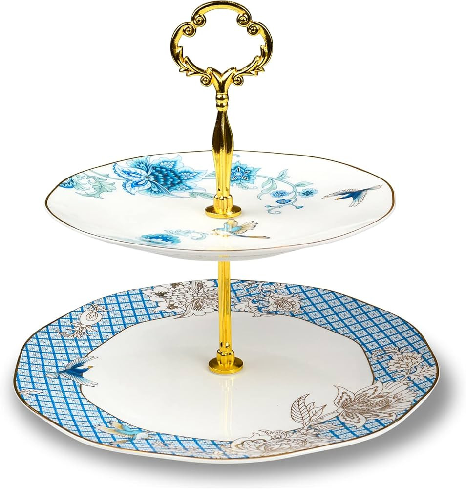 ACMLIFE Porcelain Cake Stand Ceramic Cupcake Stand with Blue Dessert Platters 2 Tiers, Snacks Des... | Amazon (US)