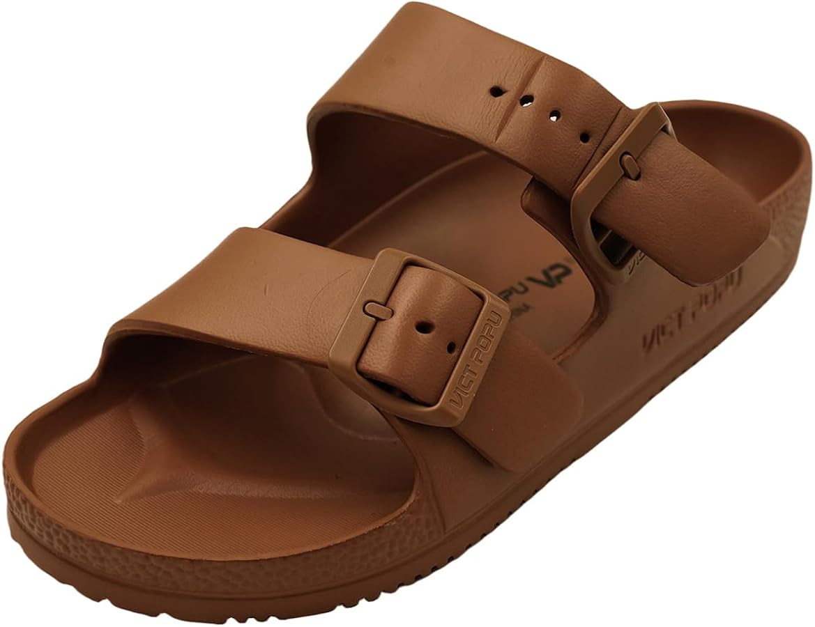VICT POPU Womens Sandals Adjustable Double Buckle Strap Waterproof EVA Flat Slides | Amazon (US)