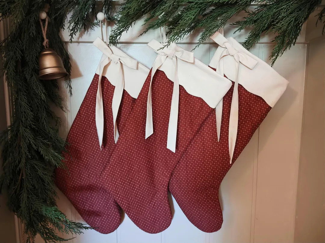 Handmade quilted Christmas stocking, red and cream scalloped cuff with bow | Etsy (US)