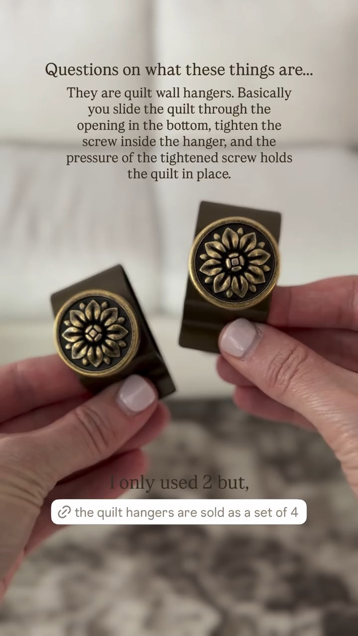 Questions on what these things are….. They are quilt wall hangers. Basically you slide the quilt through the opening in the bottom, tighten the screw inside the hanger, and the pressure of the tightened screw holds the quilt in place.  I only used 2 but,