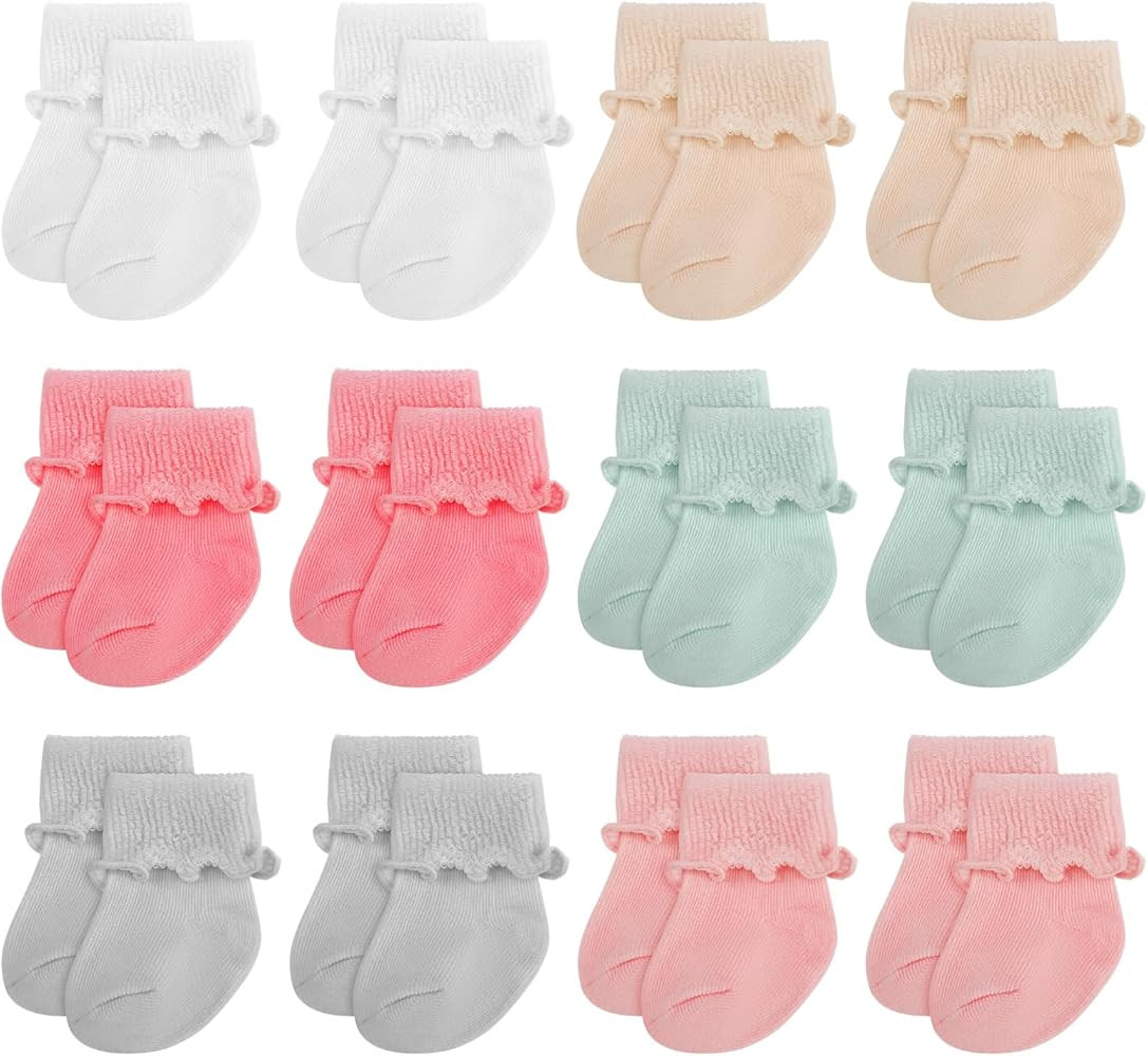 Toulite 12 Pairs Baby Ruffle Ankle Socksturn Cuff Cotton Girls and Boys Non-slip Warm Socks | Amazon (US)