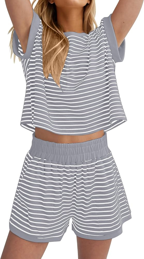 MISSACTIVER 2 Piece Lounge Set Women Stripe Knit Short Sleeve Tee Shirts Shorts Casual Summer Lou... | Amazon (US)