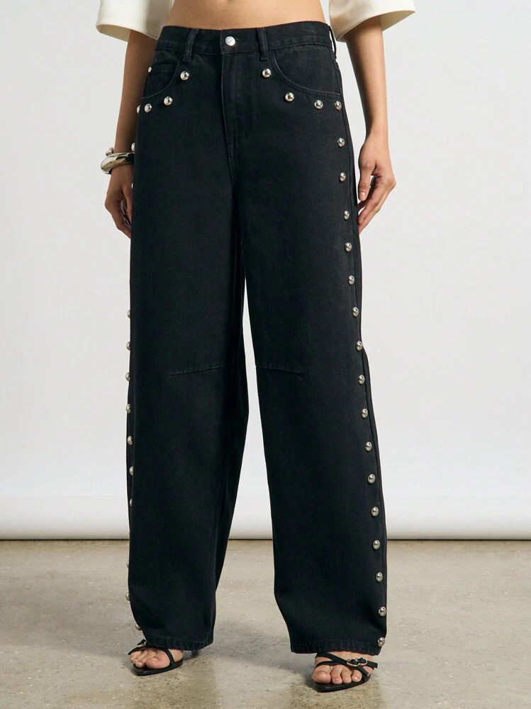 AiiRZ Rivet Studded Trim Barrel Leg Jeans | SHEIN