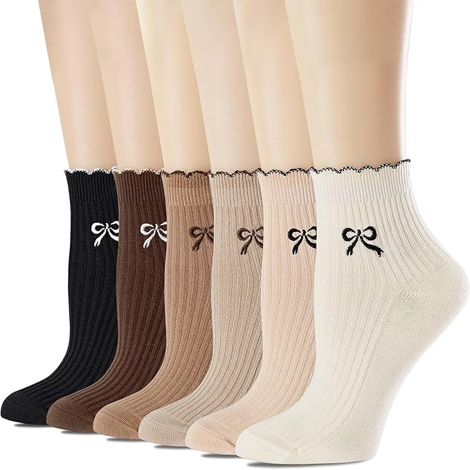 Women's Cotton Ankle Socks,Casual Knit,Ruffle Edge,Cute Fashion Embroidery Bow Pattern, Dress Soc... | Amazon (US)