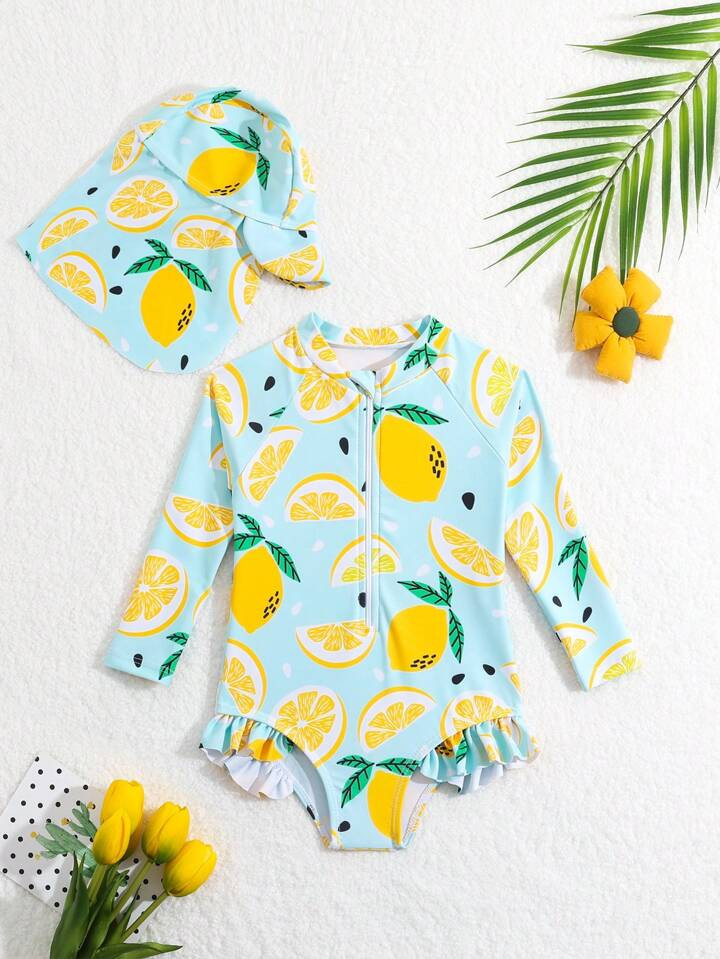Traje De Baño De Una Pieza Para Bebé Niña Con Estampado De Limón Y Sombrero | SHEIN