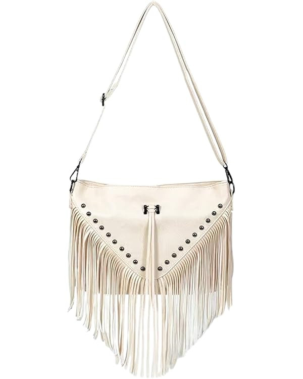 IAMUHI Casual Rivets Fringed Shoulder Handbag for Women,Soft Vegan Leather Hippie Crossbody Purse... | Amazon (US)