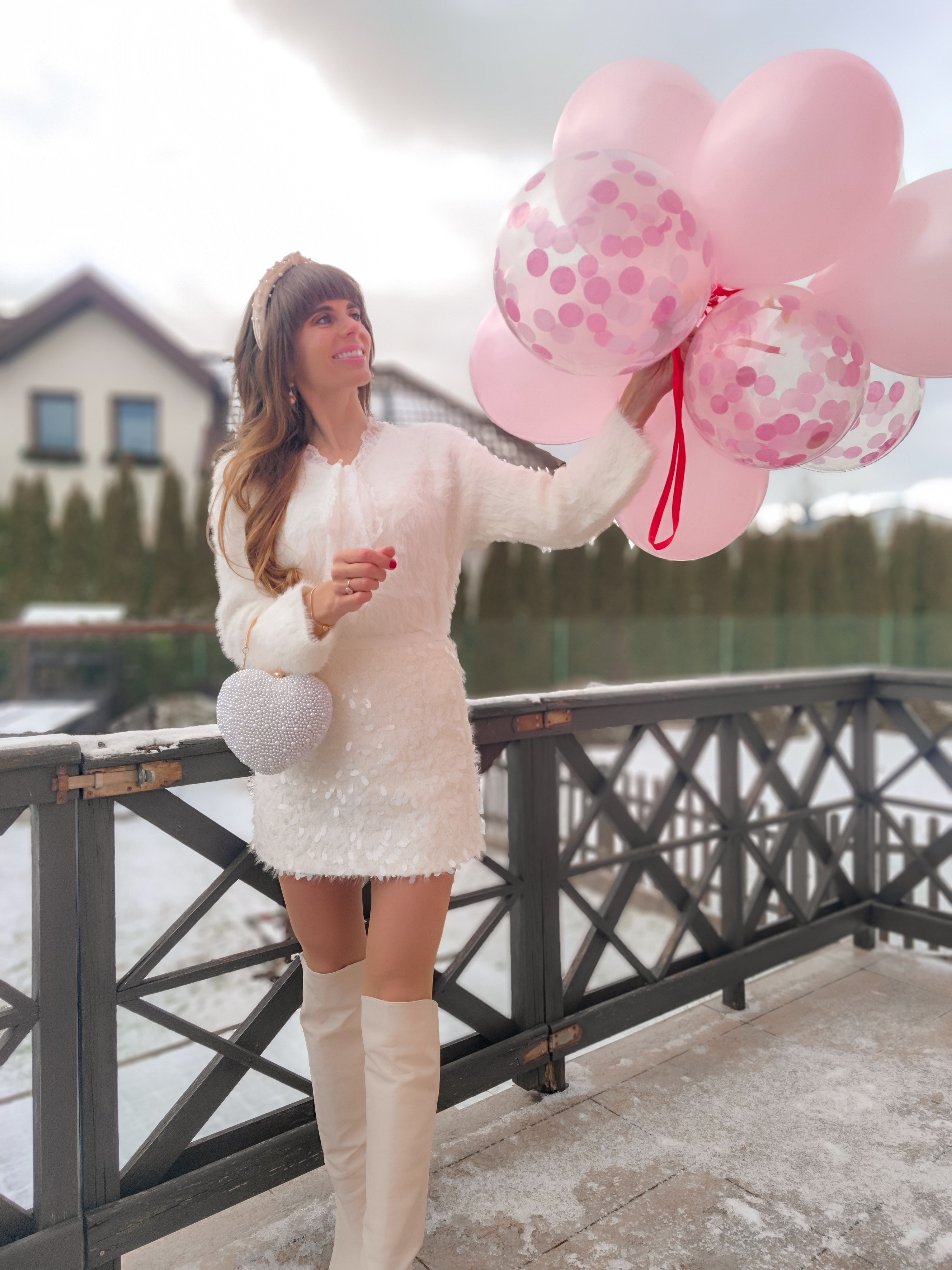 All white winter outfit idea ❄️🩷✨Chicwish white lace bowknot fluffy knit sweaterChicwish petal sequin embellished fuzzy mini skirtLeather white over the knee boots Chicwish white pearl embellished heart shaped clutch Pearl headbandAll white outfitsWinter outfitsGirly outfitsGirly style Pink balloons

#LTKFindsUnder50 #LTKSeasonal #LTKStyleTip