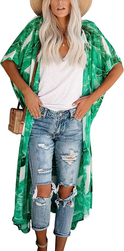 Hibluco Women's Long Floral Kimono Printed Cardigan Sheer Swimsuit Cover Ups | Amazon (US)