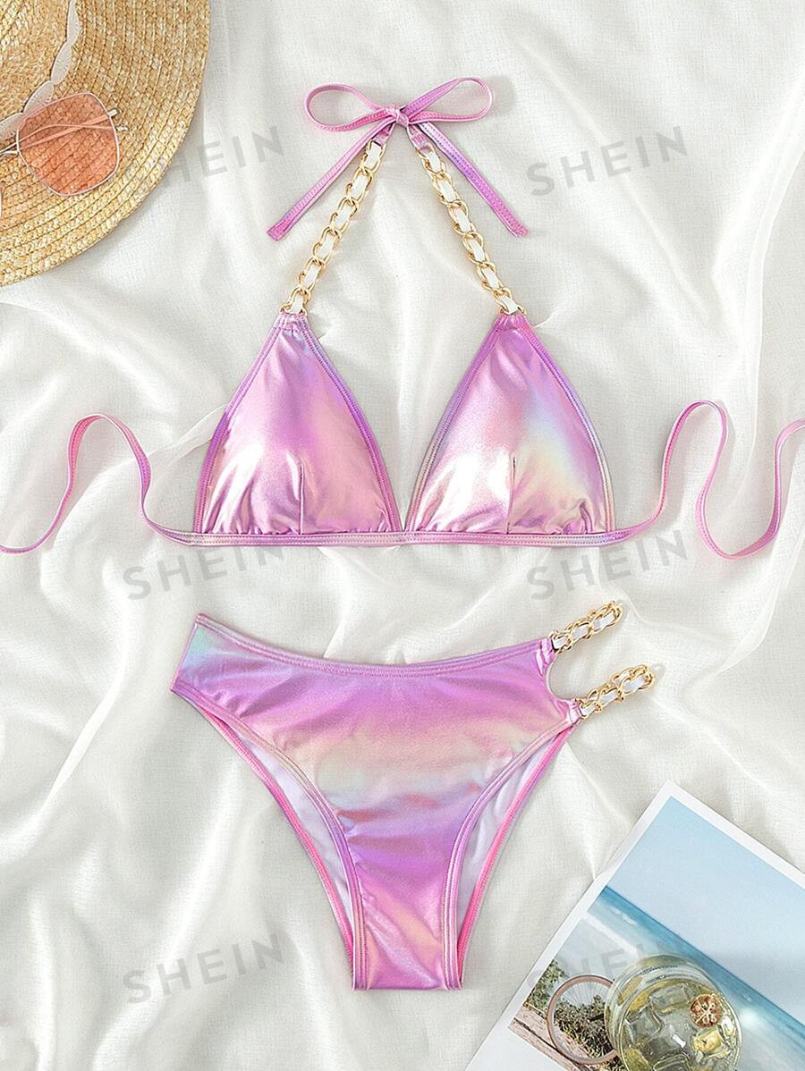 SHEIN Swim Mod Summer Beach Chain Linked Halter Triangle Bikini Set | SHEIN