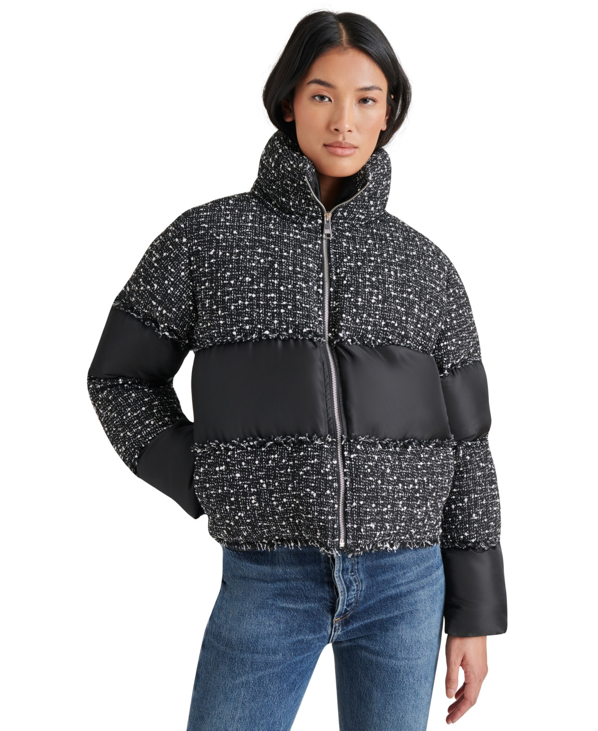 Steve Madden Women's Snowdrop Tweed-Mix Puffer Jacket - Black | Macy's