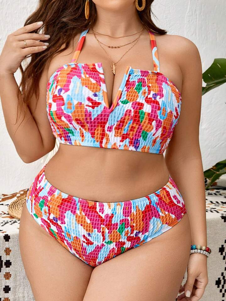 SHEIN Plus Allover Print Smocked Halter Bikini Swimsuit | SHEIN