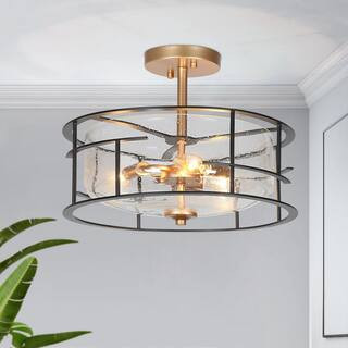 14 in. 3-Light Black Modern Semi-Flush Mount, Seeded Glass Dark Gold Ceiling Light, Farmhouse Ope... | The Home Depot