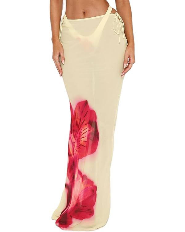 SOLILOQUY Women Y2K Floral Print Sheer Mesh Skirt Summer See Through Cover-up Bodycon Pencil Long... | Amazon (US)