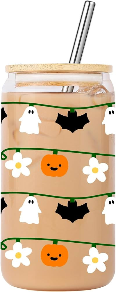 Herbst Tasse Halloween Cup 16oz K\u00fcrbis Tasse Glas mit Deckel und Strohhalm - Dekorative Part... | Amazon (DE)