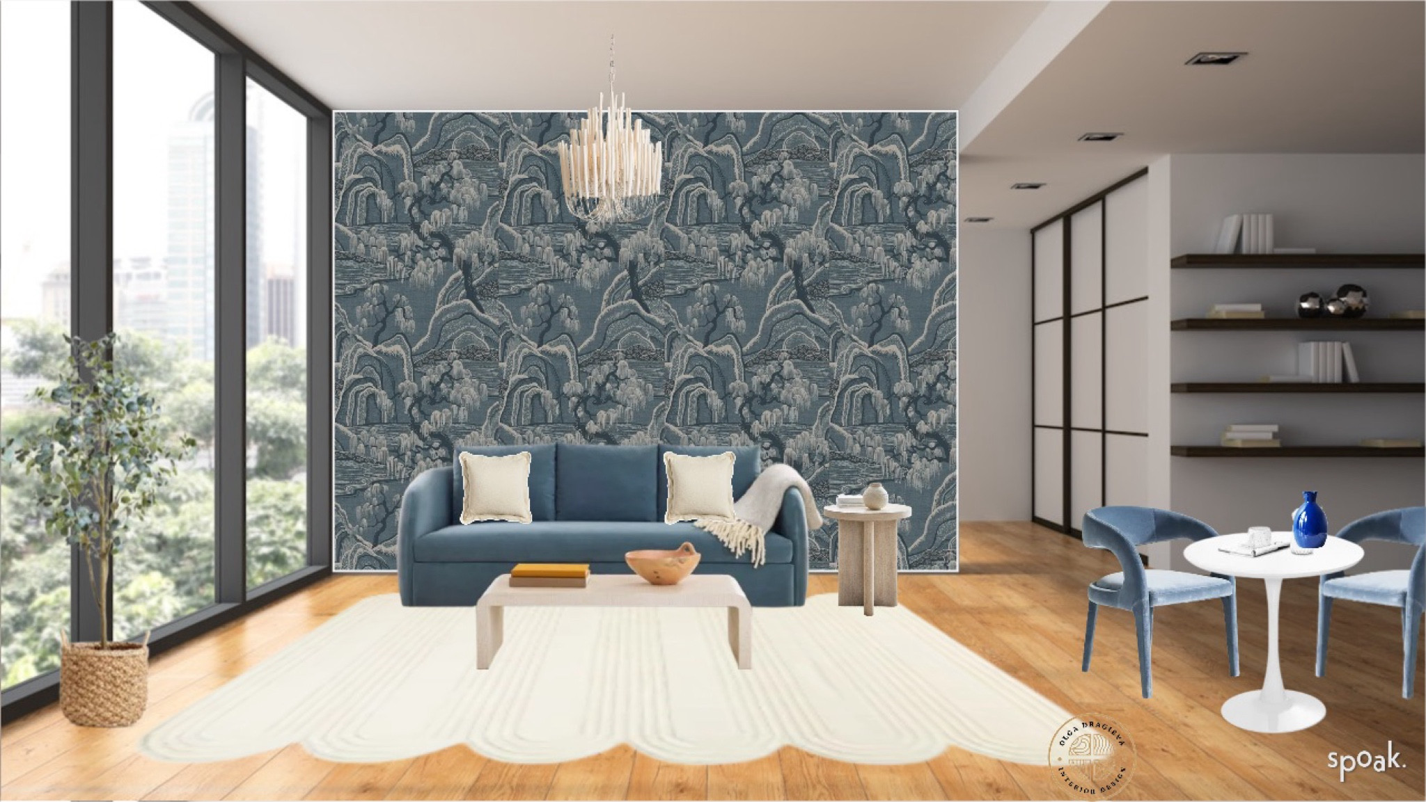 Here is a gorgeous Living Room design/moodboard, beautiful floral wallpaper and accent wall, blue sofa from West Elm, scalloped neutral rug, gorgeous chandelier from Anthropologie, blue upholstered dining chairs and the timeless tulip dining table—super affordable option. 

#LTKhome #LTKSeasonal #LTKsalealert