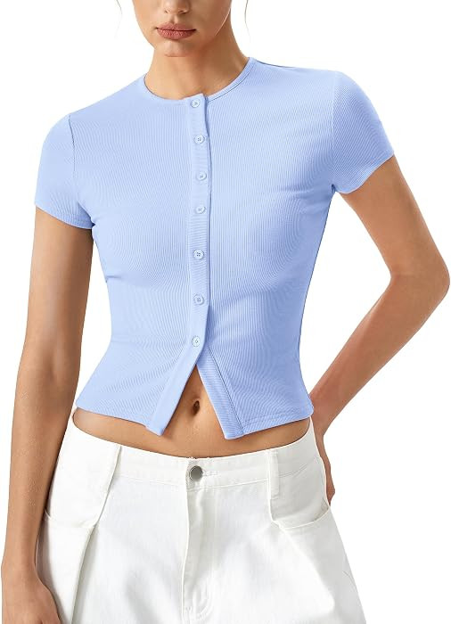 QINSEN Women's Crewneck Short Sleeve T Shirts Ribbed Button Going Out Trendy Tops | Amazon (US)