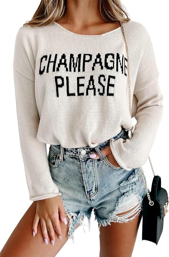LEMAFER Women's Champagne Please Graphic Sweater Casual Slogan Round Neck Long Sleeve Pullover To... | Amazon (US)