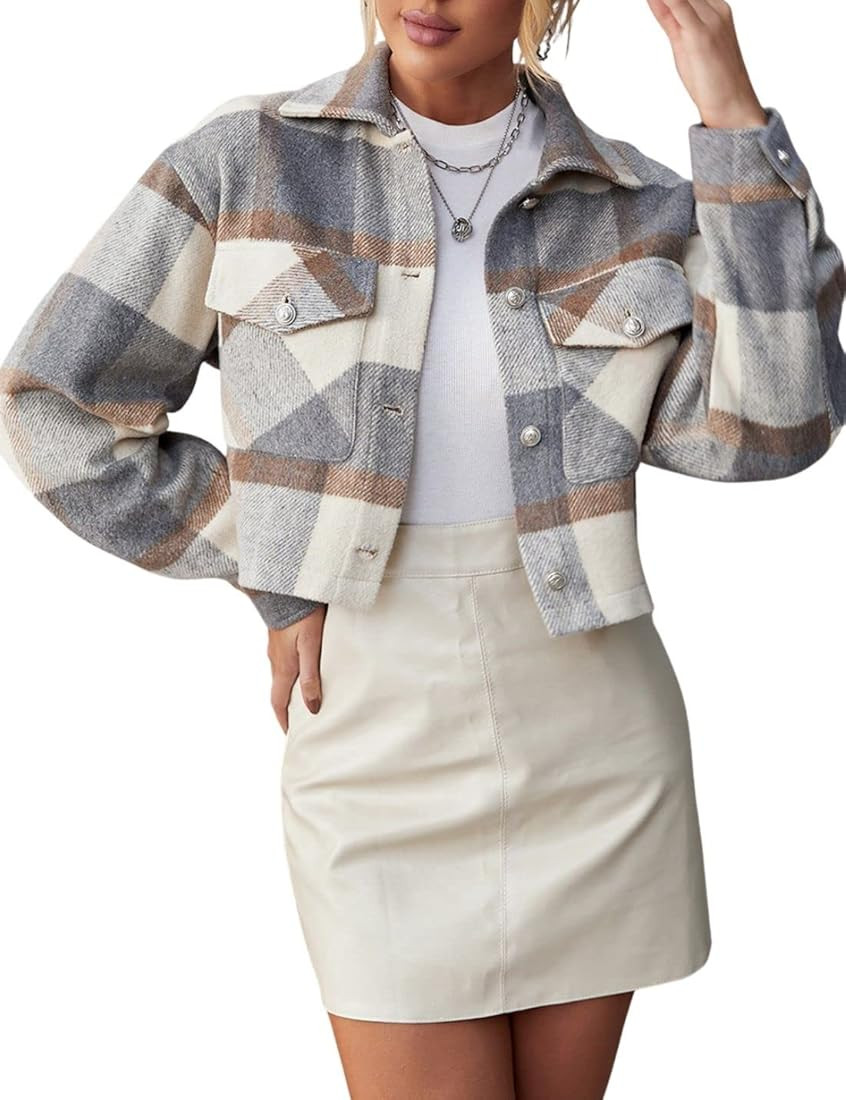 FindThy Women’s Cropped Wool Blend Plaid Shacket Long Sleeve Button Down Flannel Shirt Jacket C... | Amazon (US)