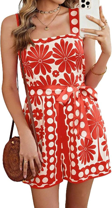 utcoco Womens Summer Rompers Sleeveless Floral Print High Waist Wide Leg Shorts Overalls Jumpsuit... | Amazon (US)