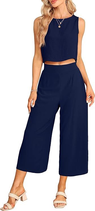Summer 2 piece outfits for women Round Neck Back with Buttons Sleeveless Tank Wide Leg Pants Sets... | Amazon (US)