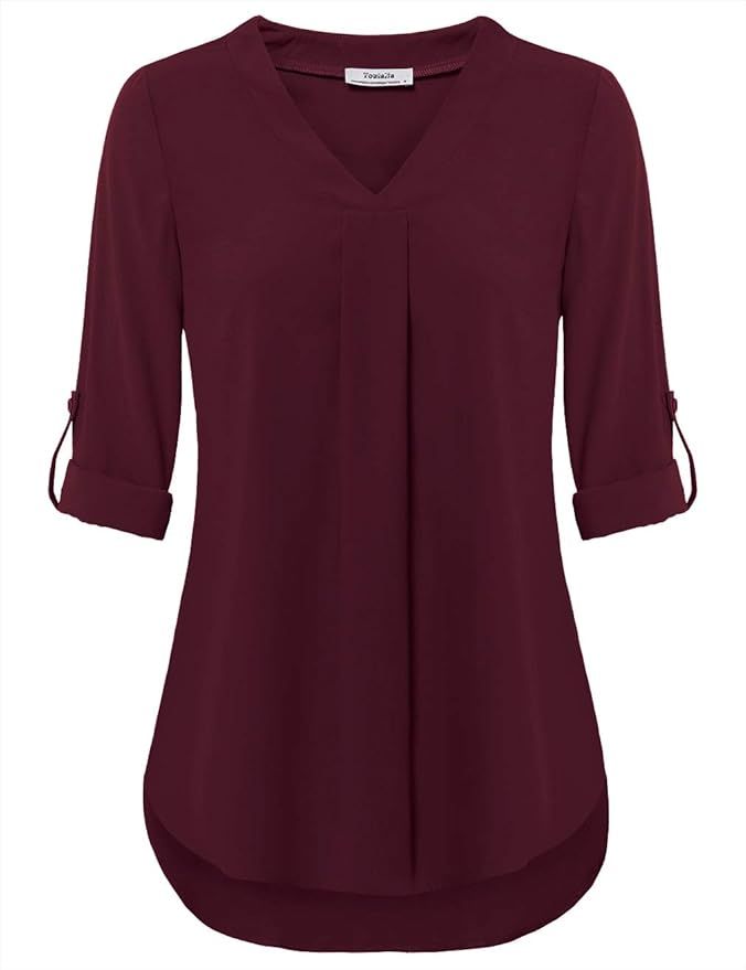 Youtalia Womens 3/4 Cuffed Sleeve Chiffon Printed V Neck Casual Blouse Shirt Tops | Amazon (US)