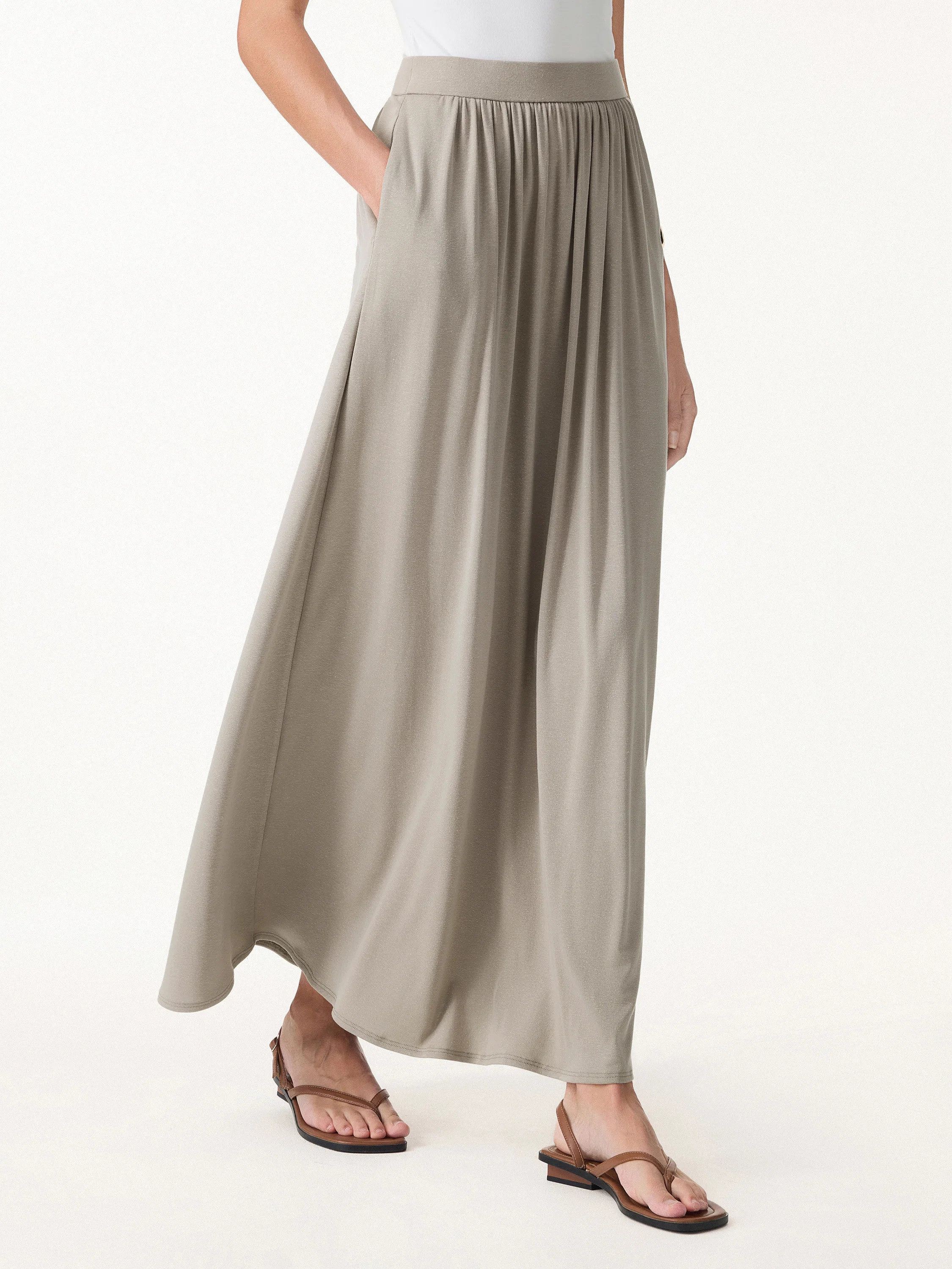 Soft Linen Knit Gathered A-Line Maxi Skirt with Pockets | OGLmove