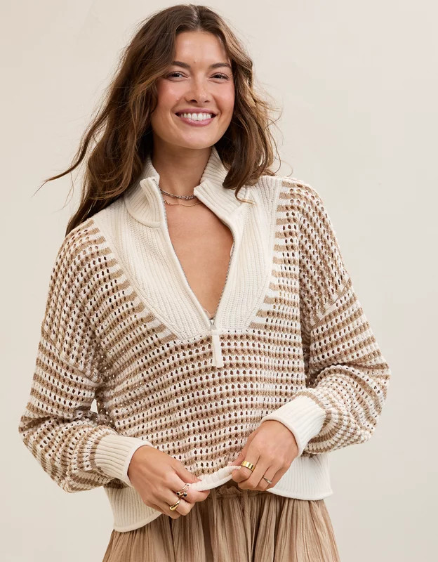 Aerie Crochet Quarter Zip Sweater | Aerie
