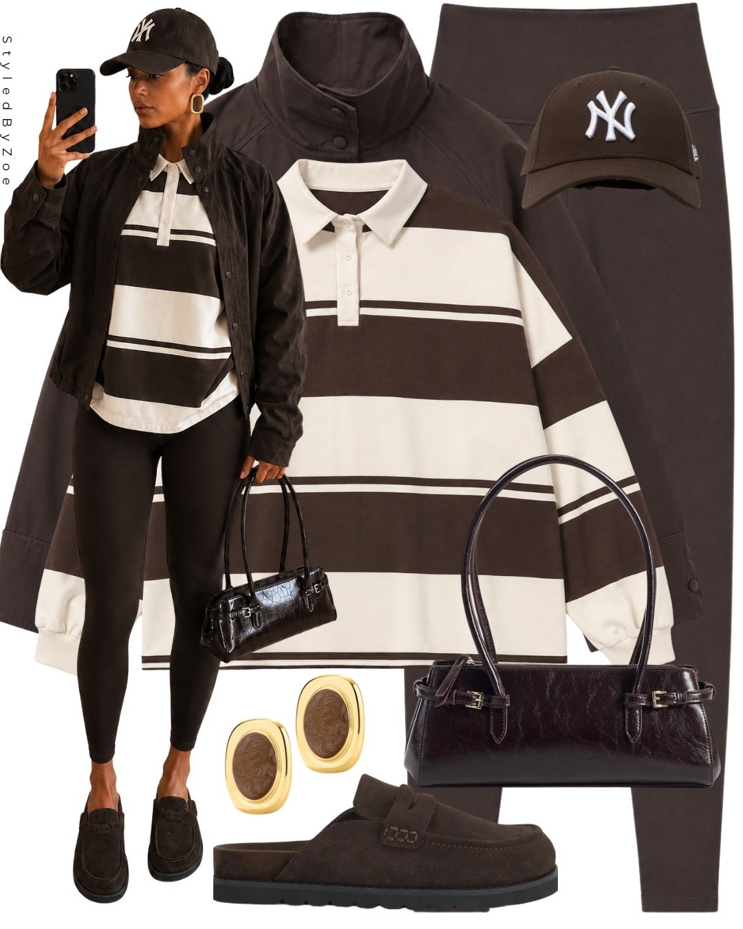 Chocolate brown monochrome and a rugby shirt🤎 the casual outfit formula that always looks intentional. Striped rugby polo, high waist leggings, suede loafer mules, a croc mini bag and an NY cap to finish. This is the kind of everyday outfit that looks like you tried without trying at all🤍

#autumnoutfit #transitionaloutfit #autumn

#LTKautumn #LTKuk #LTKsummer