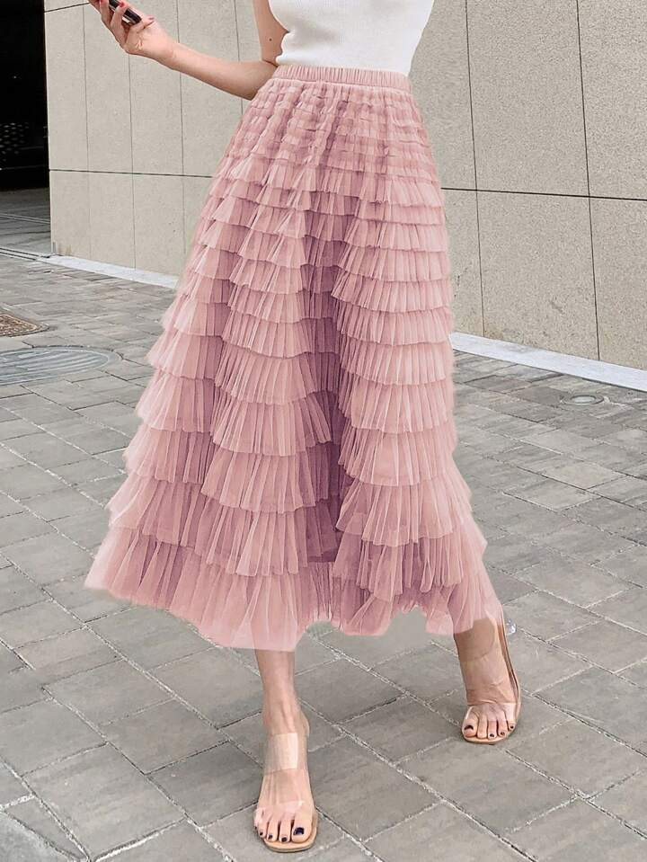 DAZY Sólido Camada De Babado Bainha Malha Saia | SHEIN