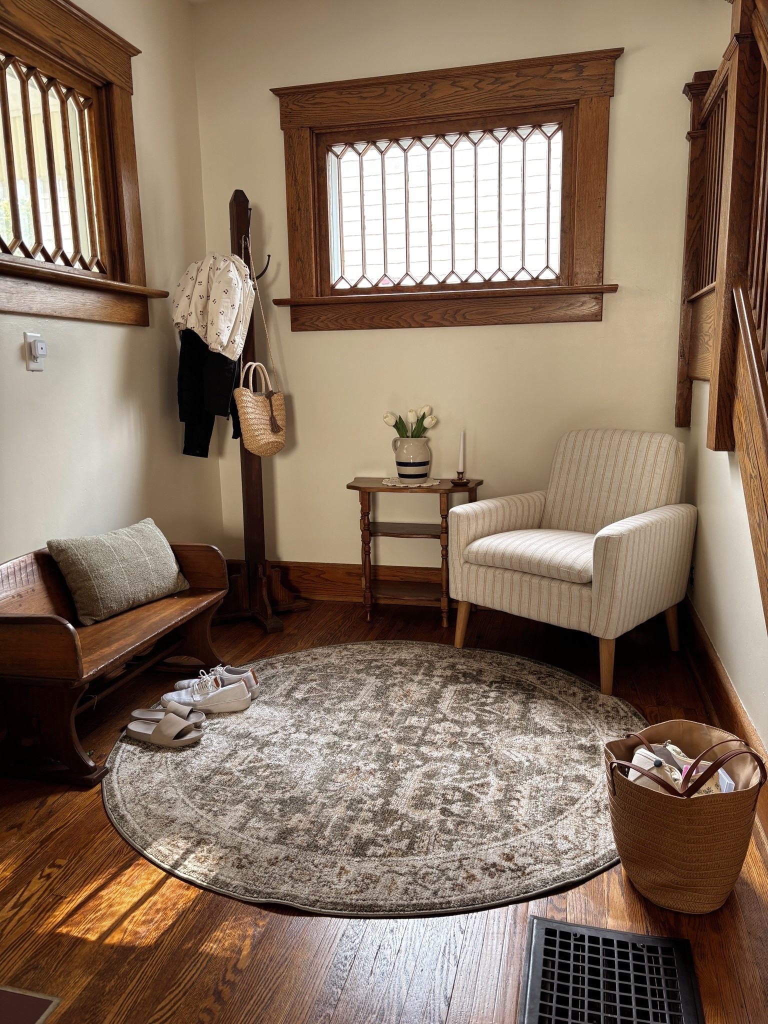 The perfect entry way set up! Warm and cozy. This area rug is on sale and under $80!!