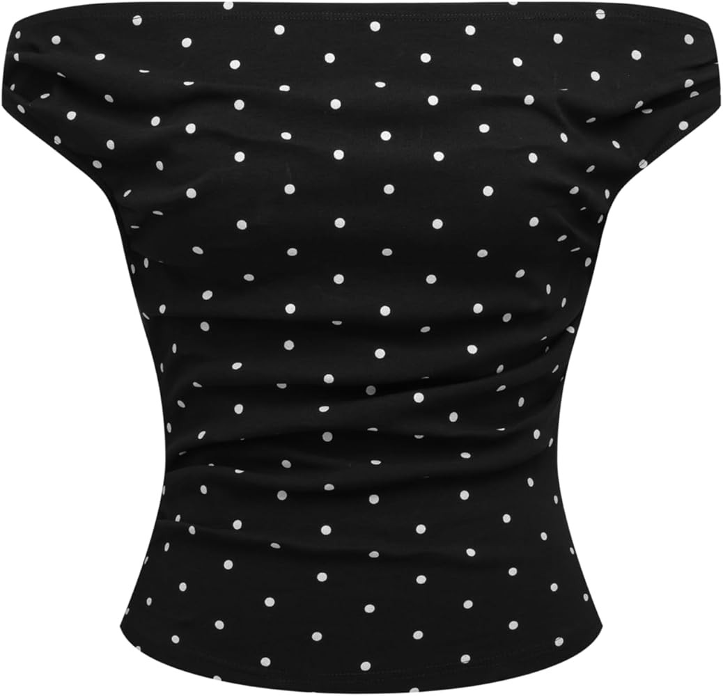 Amazon.com: CIDER Tank Tops for Women Off The Shoulder Polka Dot Ruched Knit Top Cute Short Sleev... | Amazon (US)