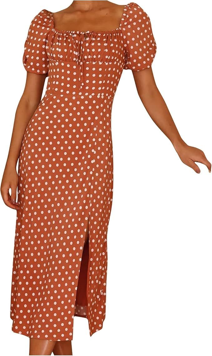 Women Square Neck Short Sleeve Polka Dot Dress Printed Slim Slit Dress Puff Button Off Pullover S... | Amazon (US)