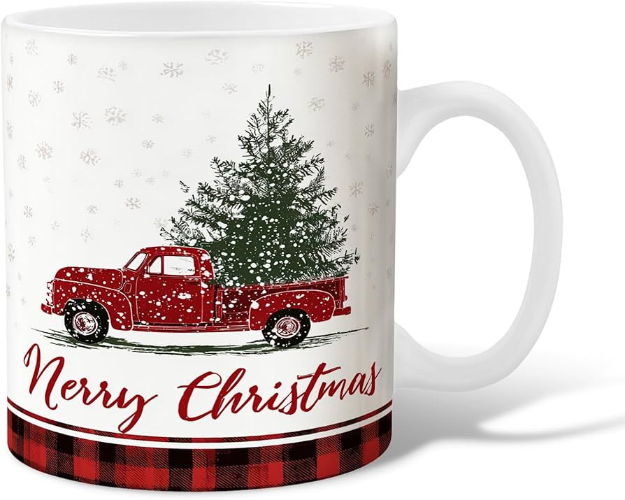 Truck Ceramic Coffee Mug, Christmas Rustic Christmas Tree Snowflakes Red Novelty Hot Chocolate Mu... | Amazon (US)