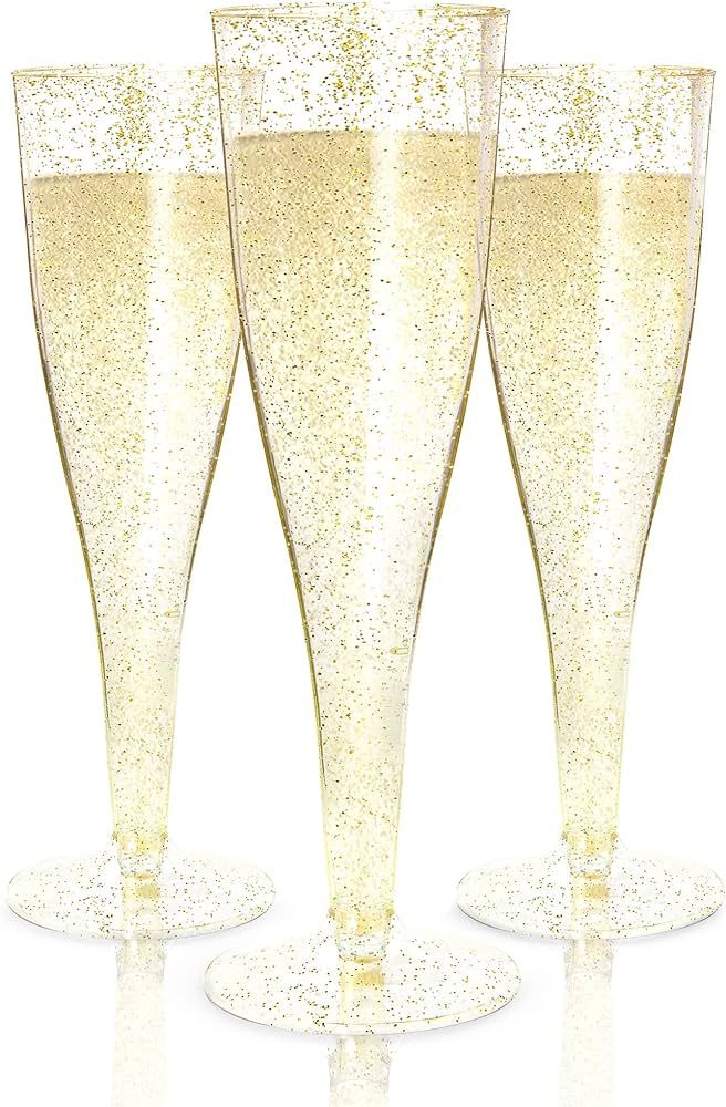 Prestee 24 Gold Champagne Flutes Plastic | Disposable Champagne Flute | Gold Glitter Plastic Cham... | Amazon (US)
