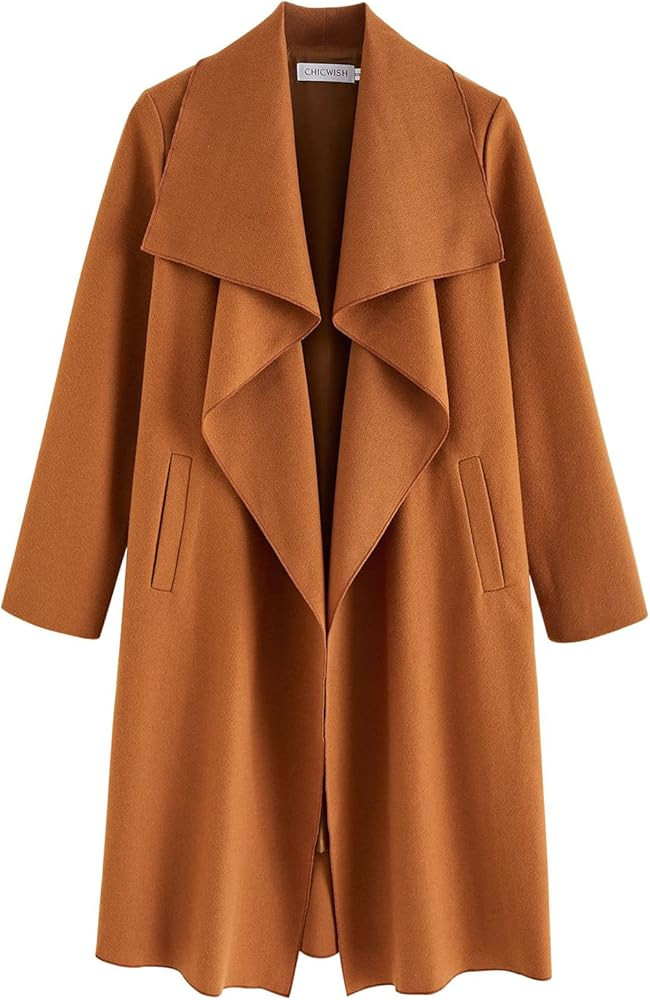 CHICWISH Women's Wide Lapel Open Front Long Sleeve Sand/Wine/Black/Grey Wool Blend Trench Coat | Amazon (US)