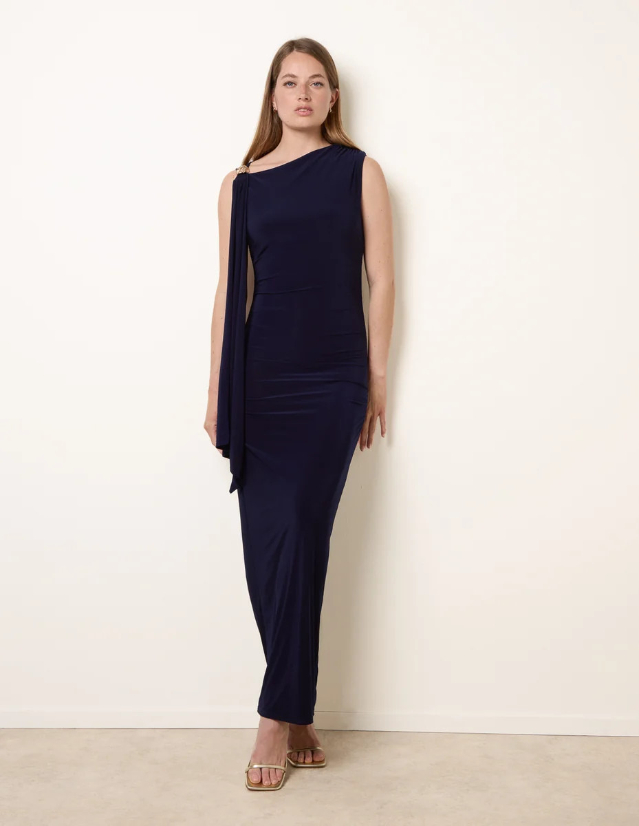 Navy | Drape Brooch Detailing Ruched Maxi Dress | Blue Vanilla | Blue Vanilla