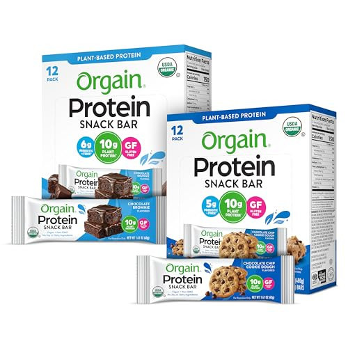 Orgain Organic Vegan Protein Bars Bundle - Chocolate Chip Cookie Dough & Chocolate Brownie - 10g Plant Based Protein, Gluten Free, Non-GMO - 1.41 Oz (2 Pack of 12) | Amazon (US)