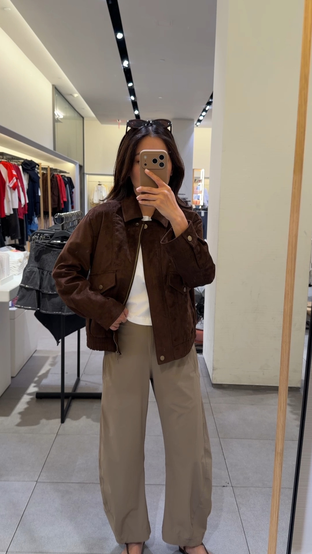 Size info below! 
• Zara kids faux suede bomber jacket size 11-12 fits like XXS petite 
• Ruti pants 2 Petite in "walnut" I sized up. Stretchy waist. I do own 0P in another color and it fits, but I prefer the more relaxed fit of this 2P. 
• lulu cotton cropped tee XXS 
• reformation sandals 5.5 

Petite friendly jacket, easy mom outfit, fall transitional outfit

#LTKPetite #LTKSeasonal #LTKmomlife