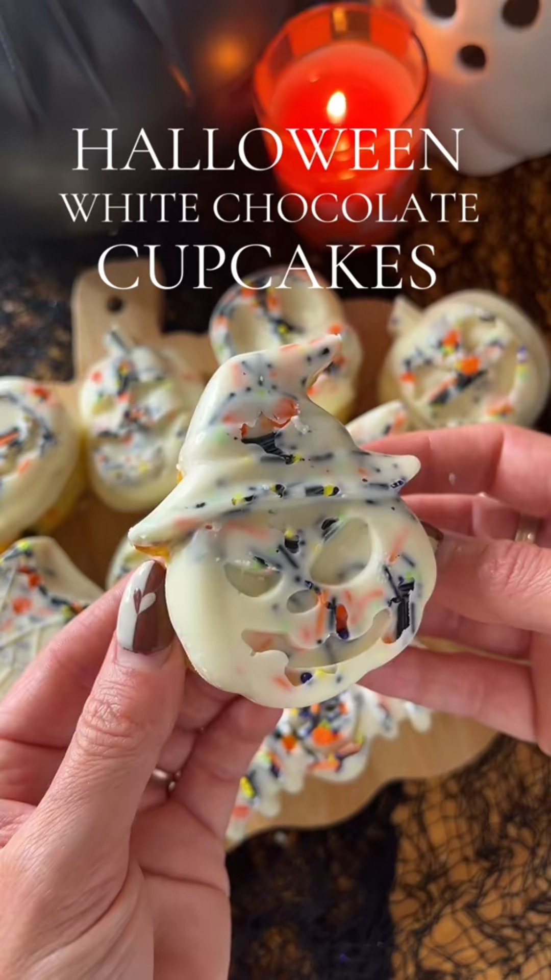 Halloween White Chocolate Cupcakes 🎃💀 My FAVORITE way to do cup cakes or brownies, is by using all the festive holiday molds!! And the white chocolate over frosting is seriously the BOMB!!! 

Ingredients: 

✨1 box Funfetti cake mix (eggs, water, oil) 
✨Halloween Sprinkles ✨White chocolate chips ✨Silicone Halloween molds 

Directions: 

1. Preheat oven according to Funfetti box directions. 

2. Prepare cupcake mix as directed on the box. 

3. Place silicone mold on a cookie sheet and spray mold with cooking spray. 

4. Fill each mold a little more than halfway full. Place in the oven for 15 mins or until sides start to brown. LET COOL before removing from mold. 

5. After cooled carefully remove from mold & set aside.  

6. Wash and rinse mold to remove any cooking spray or cupcake pieces. 

7. Add sprinkles to the bottom of each mold.  

8. In a small bowl add white chocolate chips and melt in microwave for 30 second at a time until fully melted. (I add a little coconut oil to make the chocolate extra smooth and creamy) 

9. Fill each mold with melted white chocolate covering the sprinkles. Press each cupcake back into its original mold and let chocolate harden. (I put mine in fridge for about 15min) 

10. Once chocolate is fully hardened, remove from mold to reveal all the fun faces and shapes created. 

ENJOY!!! 😋 

#halloweenideas #HalloweenTreats #funfetti #halloweeninspo  #dessertideas     

#LTKFindsUnder50 #LTKHalloween #LTKSeasonal