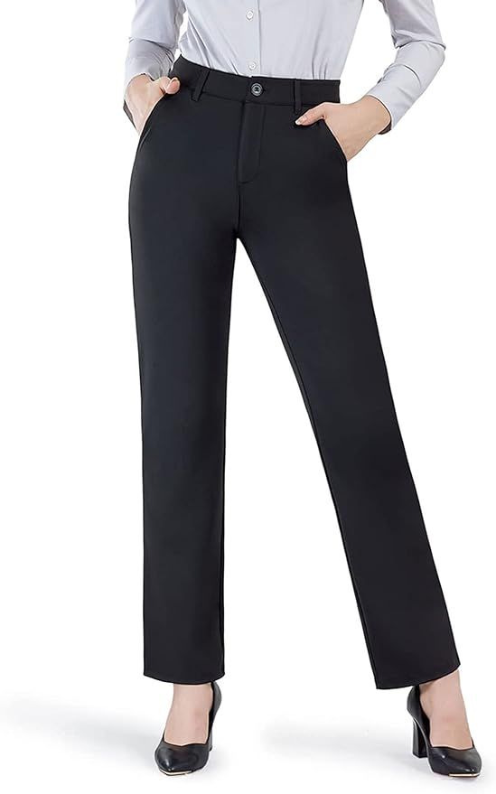 Bamans Women's Straight Leg Dress Pants with Pockets Business Casual Trousers for Work (Black, Me... | Amazon (CA)