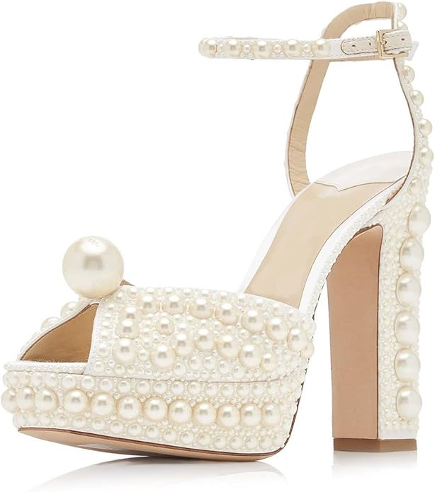 Goolita Womens Open Toe Pearl Platform Heels For Women Chunky Buckle Ankle Strap Wedding Heeled S... | Amazon (US)