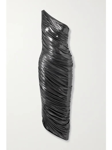 Norma Kamali - Diana One-shoulder Ruched Metallic Stretch-jersey Dress - Gunmetal | NET-A-PORTER (US)