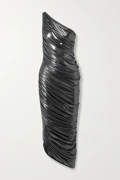 Norma Kamali - Diana One-shoulder Ruched Metallic Stretch-jersey Dress - Gunmetal | NET-A-PORTER (US)