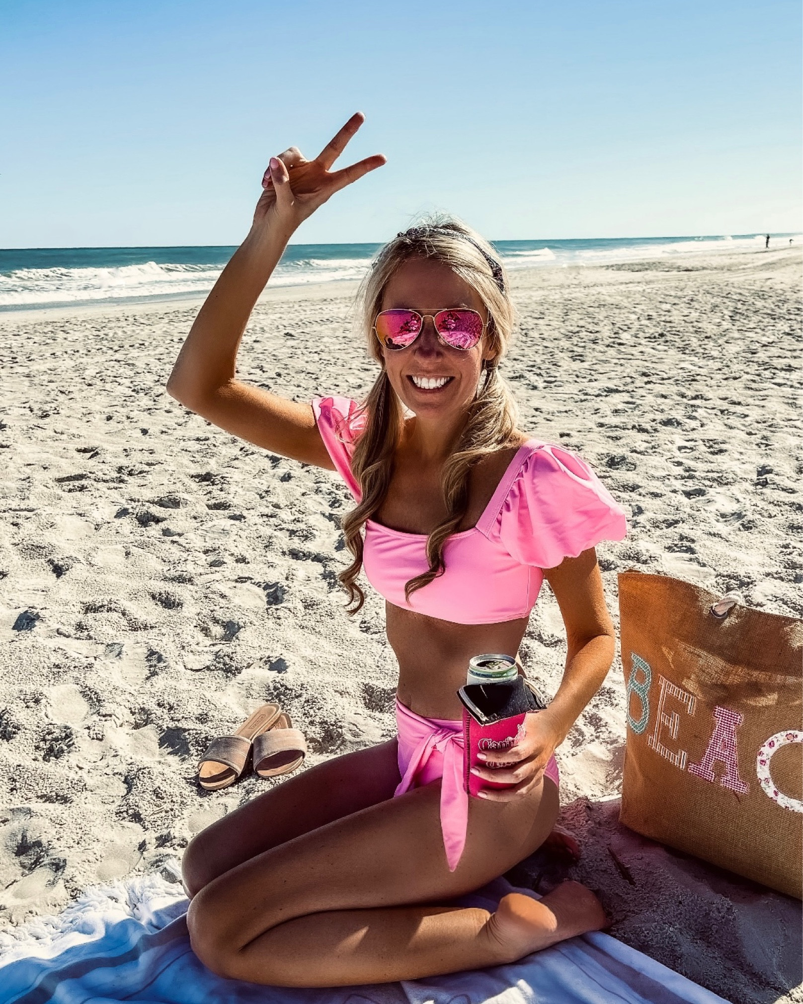 Happy weekend! I know it’s fall but it sure doesn’t feel like it in SC! This pink puff sleeve bikini set is super cute & affordable! Shown in size small & I’m 5’4. I attached my pink aviator sunglasses, tanning water, Hari Mari sandals, and some of my other beach favorites!💗
Beach Vacation 
Pink Swimsuit 
High Waisted Bottoms 


#LTKswim #LTKU #LTKtravel