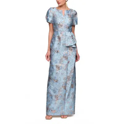 JS Collections Daria Floral Puff Sleeve Column Gown in Blue Gold at Nordstrom, Size 6 | Nordstrom